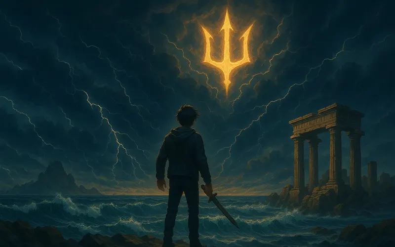 Epic stormy sea and Greek ruins representing Percy Jackson Season 1 journey